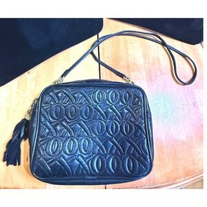 Vintage XOXO Black Quilted Leather Crossbody Bag Gold Tassel Camera‎ Bag